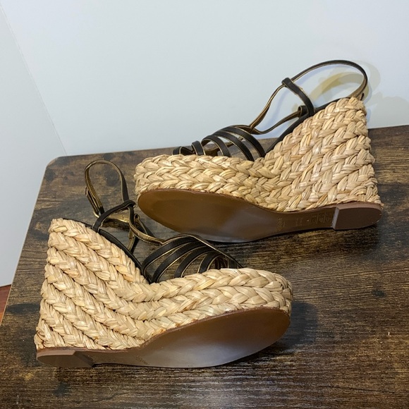 YSL platform wedge sandal black braided straw metallic gold - Picture 9 of 15